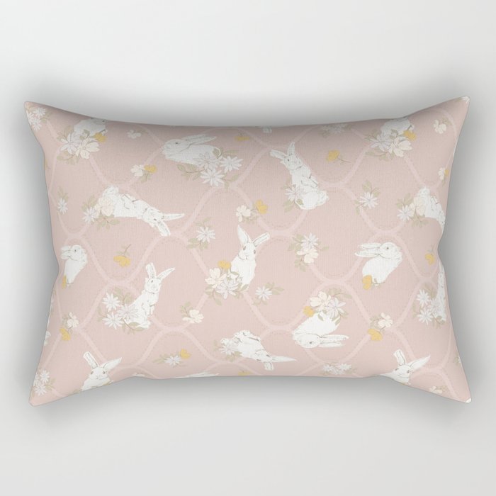 Easter Bunnies with spring flowers pink background Rectangular Pillow