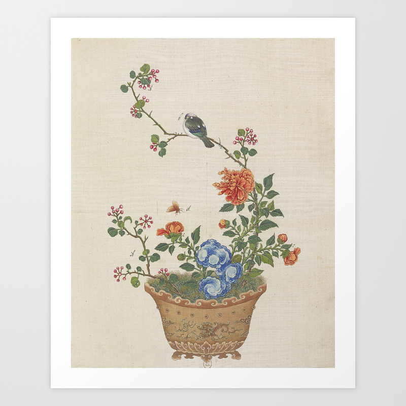 Vintage Chinese Bonsai Botanical Ink And Brush Painting Flowers And Birds Art Print By Theyoungdesigns Society6