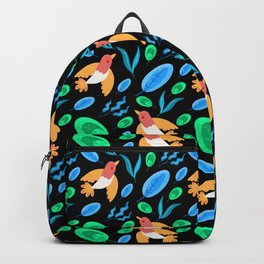 Pretty beautiful cute flying little birds and green blue delicate leaves, plants black pattern Backpack