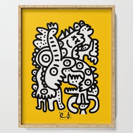 Black and White Cool Monsters Graffiti on Yellow Background Serving Tray