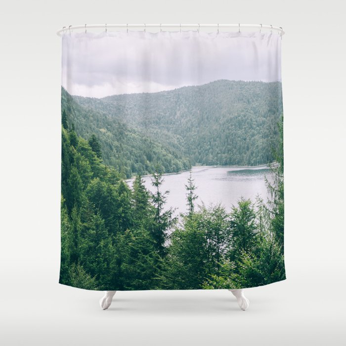 Rainy Mountain Landscape Photography | Green Hills with Forest Photo | Lake and Woods Shower Curtain