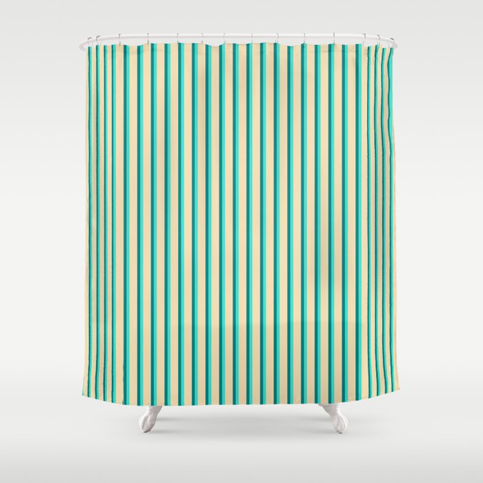 Tan, Turquoise & Teal Colored Striped Pattern Shower Curtain