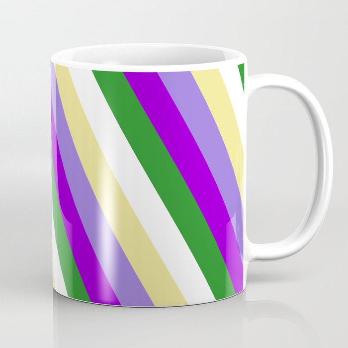 Colorful Tan, Purple, Dark Violet, Forest Green, and White Colored Stripes/Lines Pattern Coffee Mug