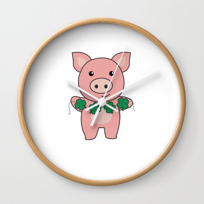 Pig With Shamrocks Cute Animals For Luck Wall Clock