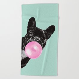 Bubble Gum Sneaky French Bulldog in Green Beach Towel