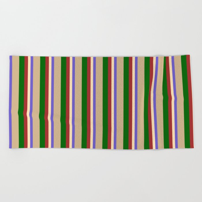 Colorful Slate Blue, Beige, Brown, Dark Green, and Tan Colored Lines Pattern Beach Towel