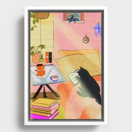 Well-Read Coffee Cat Framed Canvas