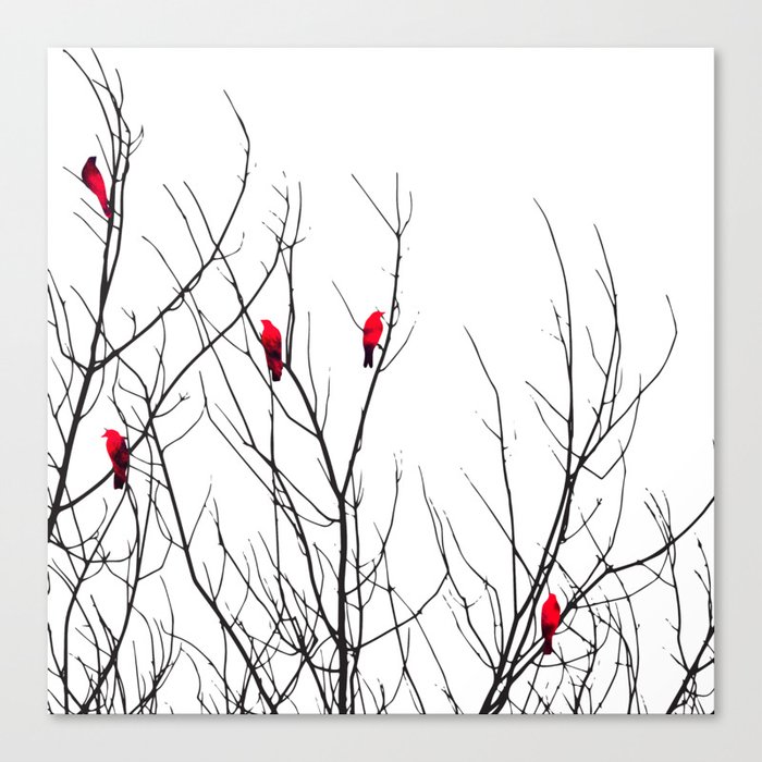 Artistic Bright Red Birds on Tree Branches Leinwanddruck Artistic Bright Red Birds on Tree Branches Leinwanddruck