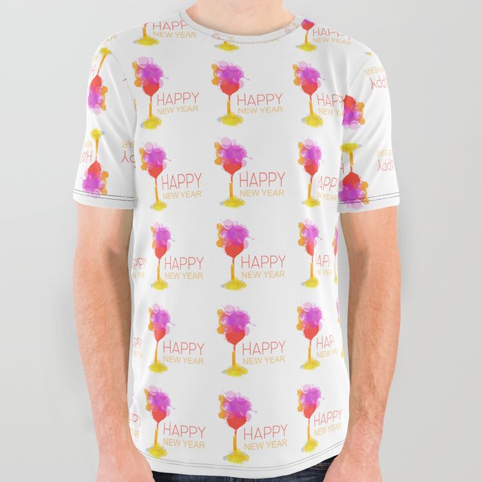 Happy New year celebration with champagne glass watercolor paint drops All Over Graphic Tee