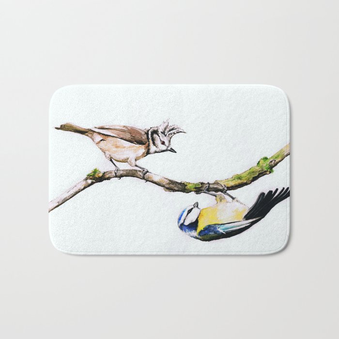 Blue tit and crested tit, watercolor Bath Mat