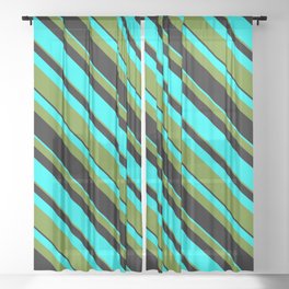 [ Thumbnail: Green, Black, and Aqua Colored Lined Pattern Sheer Curtain ]