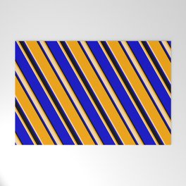 [ Thumbnail: Orange, Tan, Blue, and Black Colored Striped Pattern Welcome Mat ]
