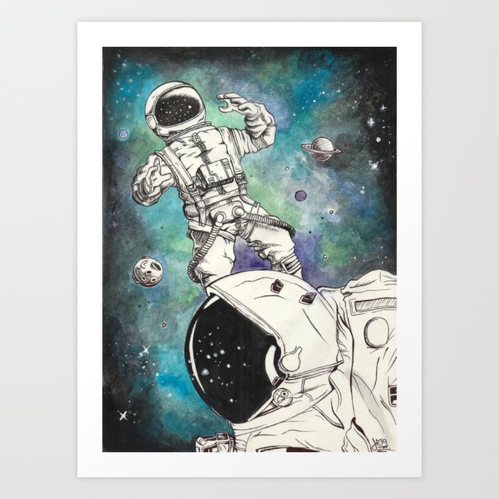 Astronauts In Space Watercolor Paintintg Art Print By Joelleart