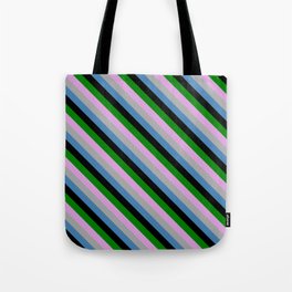 [ Thumbnail: Vibrant Plum, Dark Grey, Blue, Black & Green Colored Stripes Pattern Tote Bag ]