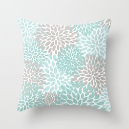 Floral Pattern, Teal, Aqua, Turquoise,Gray Throw Pillow