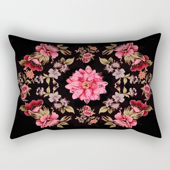 pink folk floral on black background Rectangular Pillow