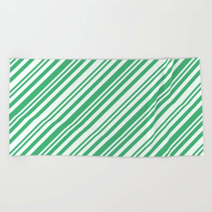 Mint Cream and Sea Green Colored Lines Pattern Beach Towel