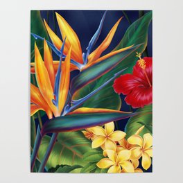 Tropical Paradise Hawaiian Floral Illustration Poster