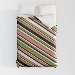 [ Thumbnail: Green, Light Coral, Black & White Colored Lined/Striped Pattern Duvet Cover ]
