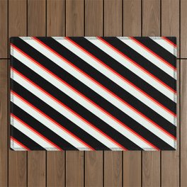 [ Thumbnail: Red, Light Salmon, Mint Cream, and Black Colored Pattern of Stripes Outdoor Rug ]