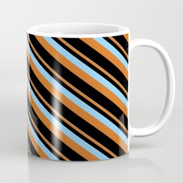 [ Thumbnail: Light Sky Blue, Chocolate & Black Colored Lines/Stripes Pattern Coffee Mug ]