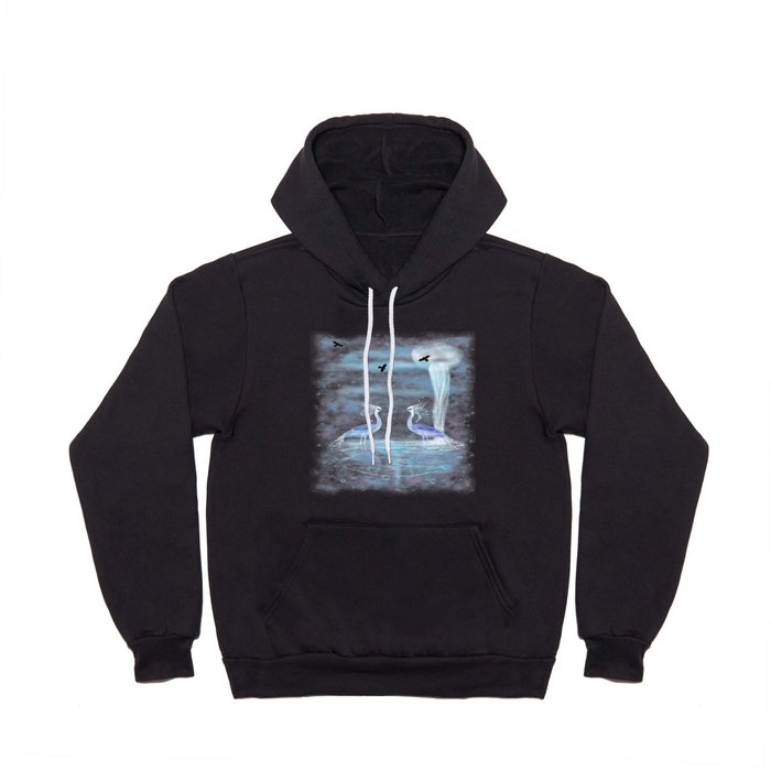 Mystical scene with two herons and waterfall from a planet Hoody