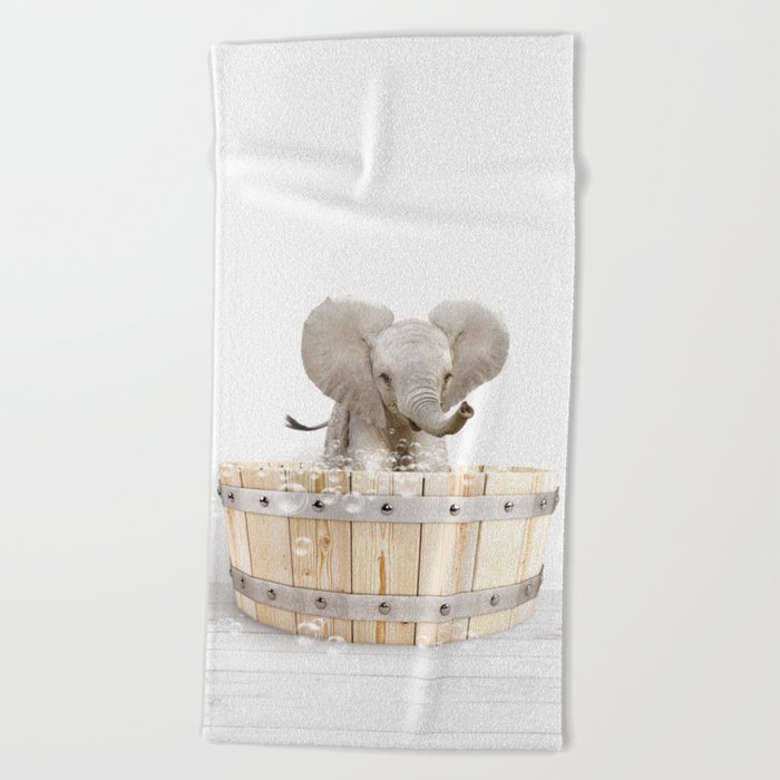 Baby Elephant in a Wooden Bathtub, Elephant Taking a Bath, Bathtub Animal Art Print By Synplus Beach Towel