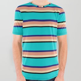 [ Thumbnail: Vibrant Dark Turquoise, Midnight Blue, Dark Salmon, Tan, and Black Colored Lines/Stripes Pattern All Over Graphic Tee ]