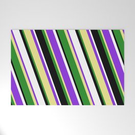 [ Thumbnail: Purple, Tan, Forest Green, Black, and White Colored Lined/Striped Pattern Welcome Mat ]