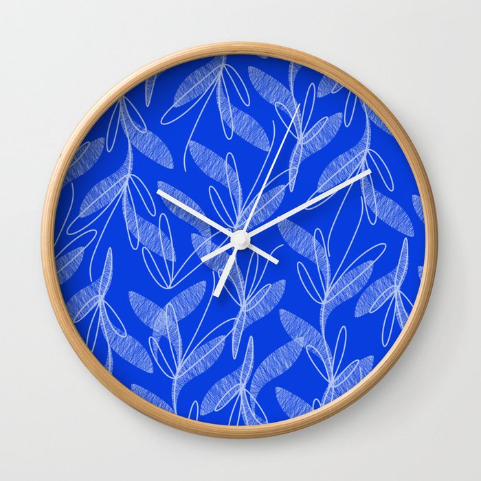 Etched Leaves Retro Botanical Pattern in Royal Blue and Light Blue Wall Clock