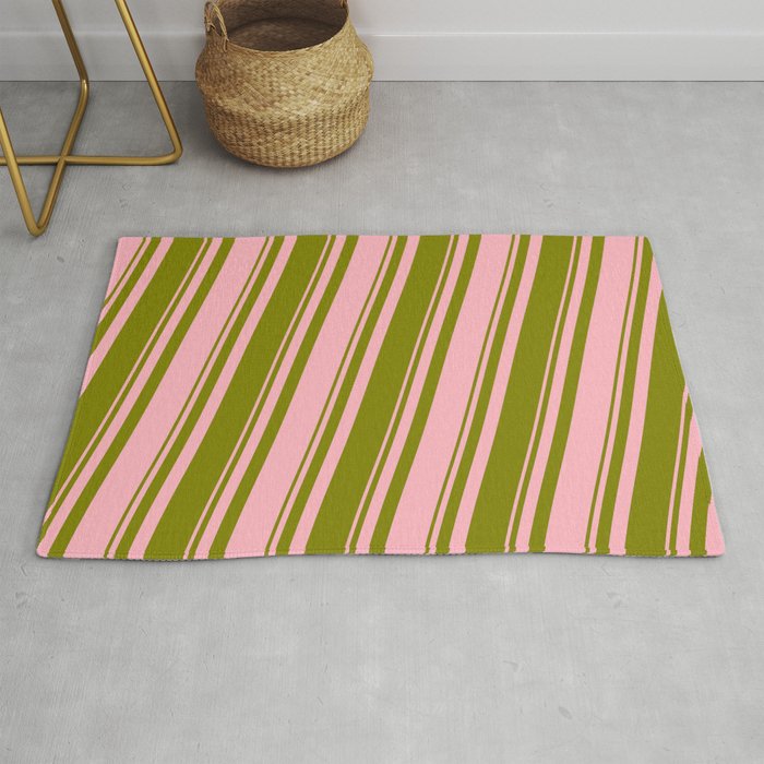 Green and Light Pink Colored Striped Pattern Rug