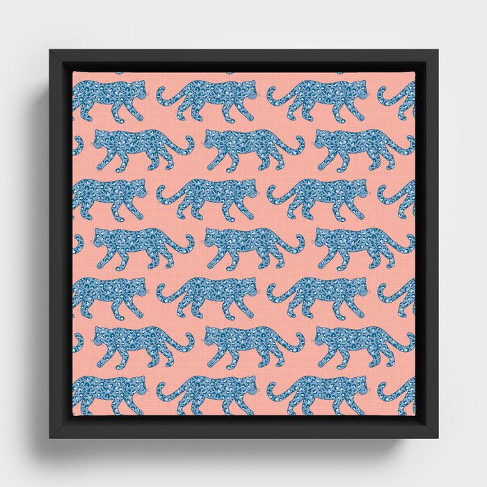 Kitty Parade - Blue on Coral Framed Canvas