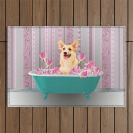 Corgi Dog Bathtub Lotos Flowers #bathtub #corgi Outdoor Rug
