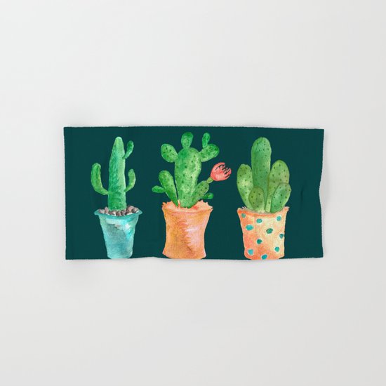 Three Green Cacti On Green Background Hand & Bath Towel