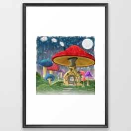 Whimsical fairy house on a mushroom surrounded by a forest of toadstools Framed Art Print