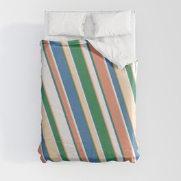 [ Thumbnail: Eye-catching Dark Salmon, Sea Green, Blue, White, and Bisque Colored Stripes Pattern Duvet Cover ]