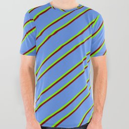 [ Thumbnail: Cornflower Blue, Green, and Maroon Colored Stripes/Lines Pattern All Over Graphic Tee ]