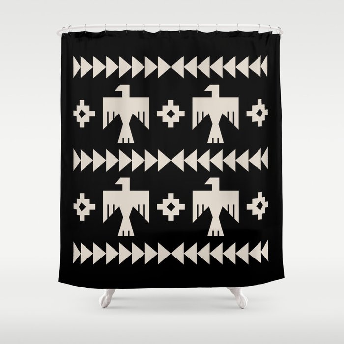 Southwestern Eagle and Arrow Pattern 121 Black and Linen White Shower Curtain