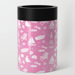 Pink And White Summer Beach Elements Pattern Can Cooler