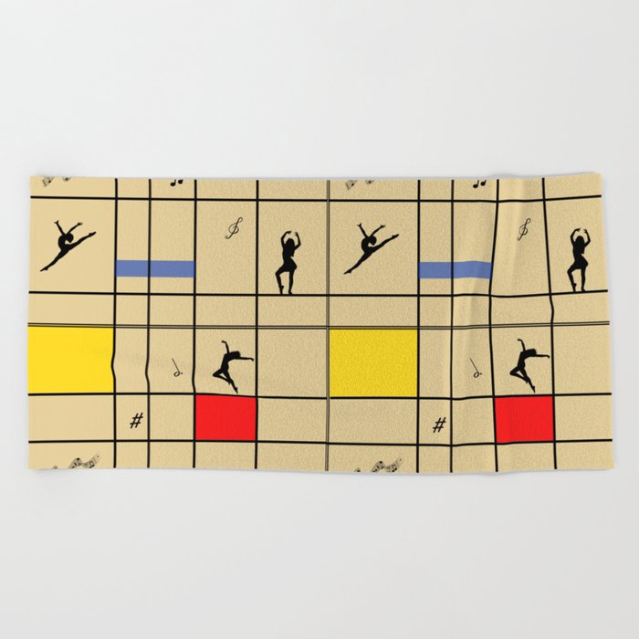 Dancing like Piet Mondrian - Composition with Red, Yellow, and Blue on the light orange background Beach Towel