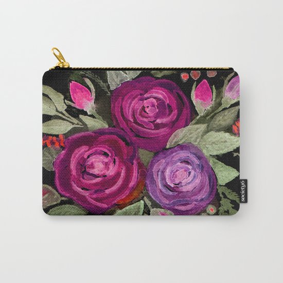 Purple roses on a black background. Watercolor . Carry-All Pouch