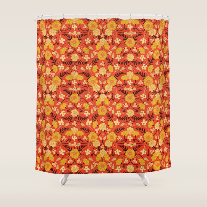 Vibrant Orange Yellow Brown Floral Pattern W Retro Colors Shower Curtain By Somecallmebeth Society6