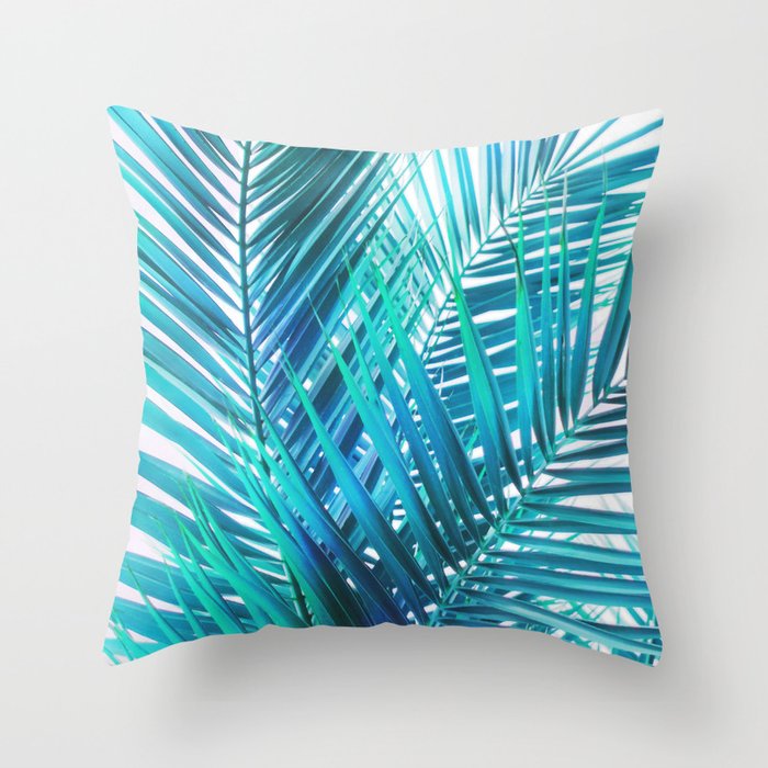 Turquoise Palm Leaves Throw Pillow