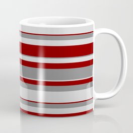 [ Thumbnail: Grey, Light Grey & Maroon Colored Stripes Pattern Coffee Mug ]