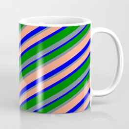 [ Thumbnail: Slate Gray, Light Salmon, Blue & Green Colored Lines/Stripes Pattern Coffee Mug ]