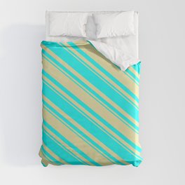 [ Thumbnail: Pale Goldenrod and Cyan Colored Striped/Lined Pattern Duvet Cover ]