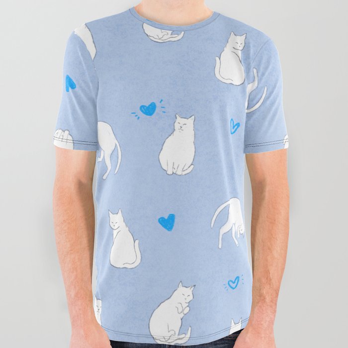 White Cats With Blue Hearts Pattern/Light Blue Background All Over Graphic Tee