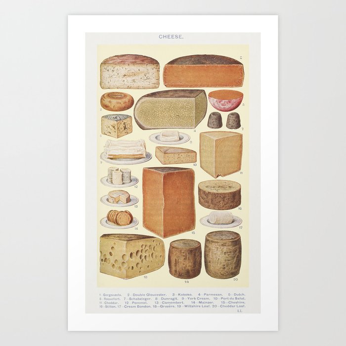 Vintage Collage of Household Cheeses, Beeton, 1923 Art Print