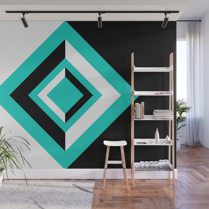 Teal Black and White Diamond Shapes Digital Illustration Artwork Wall