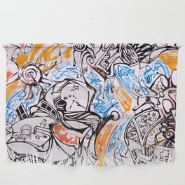 Chaotic Inky Doodle Orange and Blue Wall Hanging